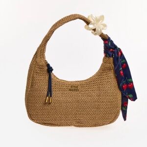 NWT!! 🍒🍒 Steve Madden Tan Straw Shoulder Bag with Navy Cherry Scarf